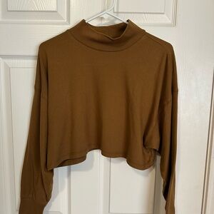 Cropped Mock Neck Long-Sleeve Top - Brown